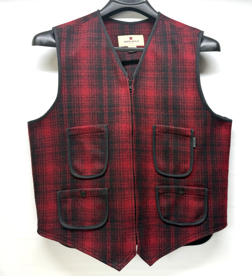 Woolrich Red & Black Plaid Wool Blend 4 Pocket Zip Hunting Vest Mens Large